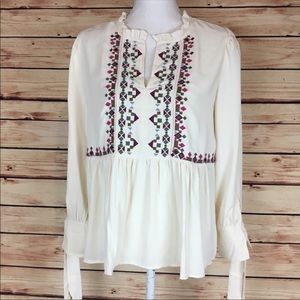 Ann Taylor Embroidered Tie Sleeve Ruffle Blouse
